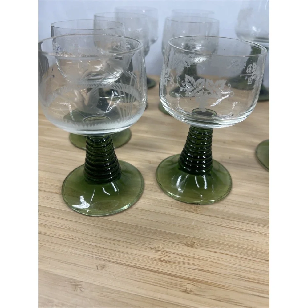 Vintage Beehive Stem Etched Wine Goblets Green Stem‎ Mixed Set of 14